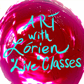 Red paint swatch with text "Art with Lorien Live Classes to navigate to Art with Lorien's Online Info page